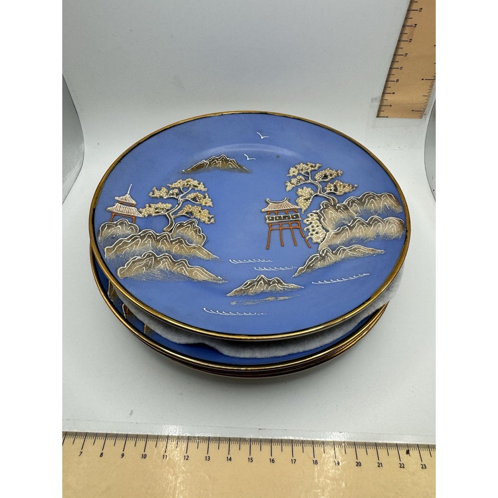 3 Vintage Hand Painted Japan Moriage Porcelain Plates Blue Pagoda Set of 5 7.25"